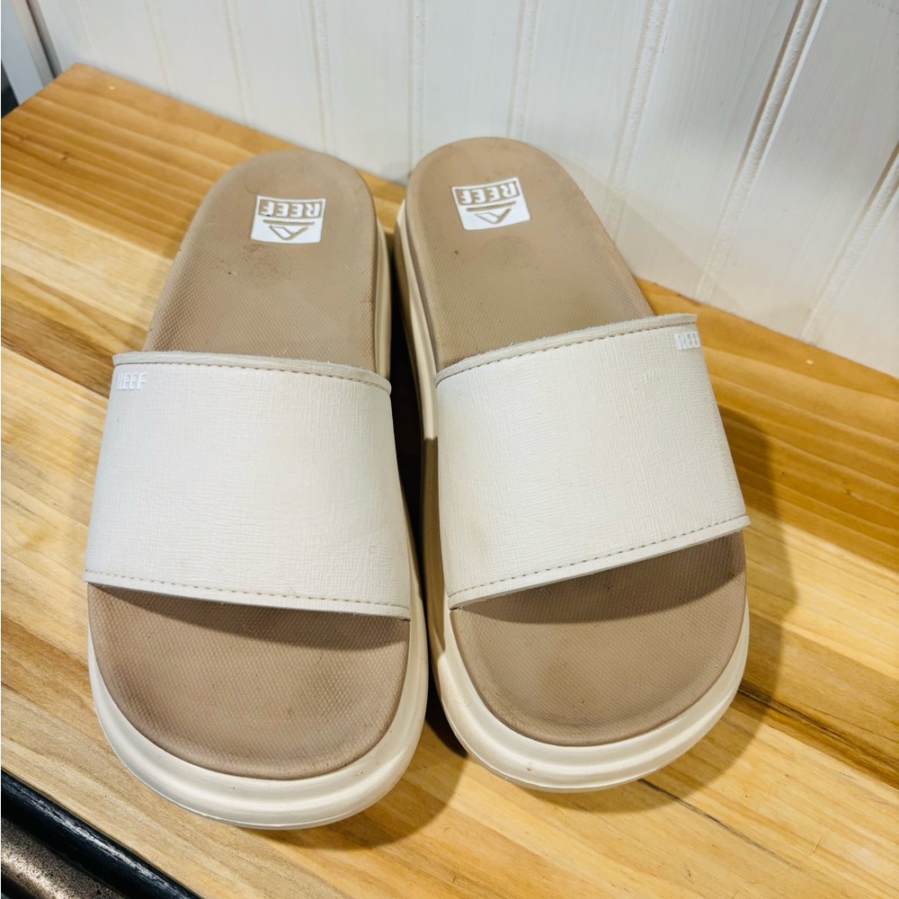 Reef Cream and Tan Slide Sandals